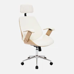 Silla de oficina con ruedas, madera curvada y acabado en polipiel