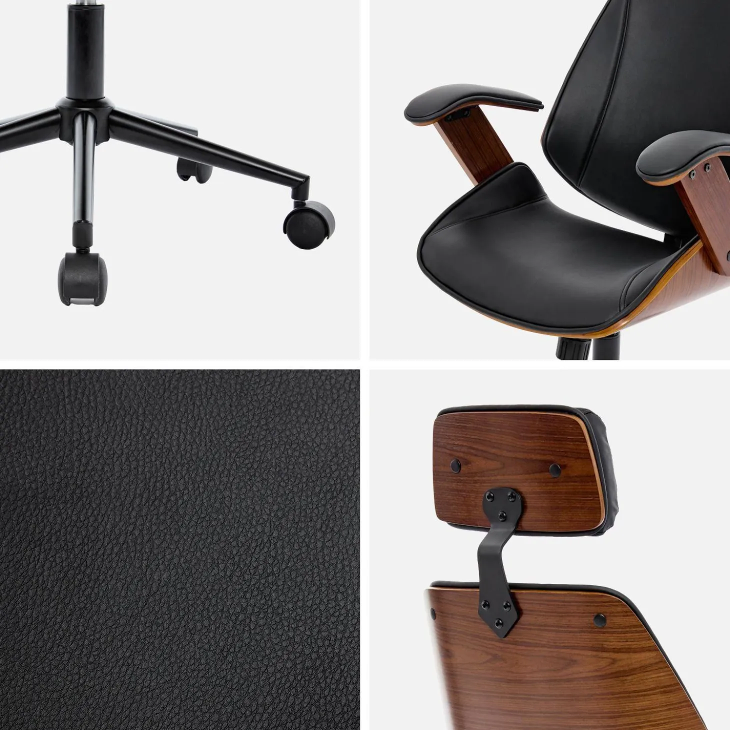 Silla de oficina con ruedas, madera curvada y acabado en polipiel