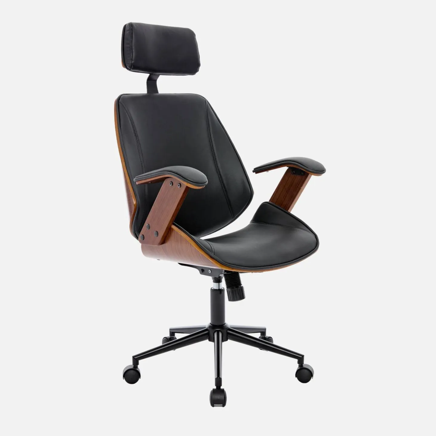 Silla de oficina con ruedas, madera curvada y acabado en polipiel