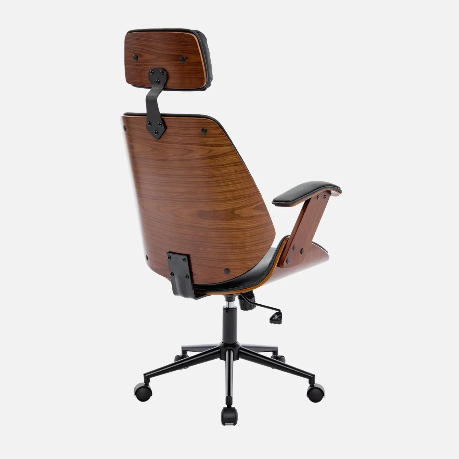 Silla de oficina con ruedas, madera curvada y acabado en polipiel
