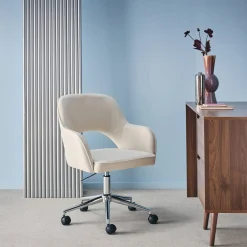 Silla de oficina de pana fina con ruedas y base cromada