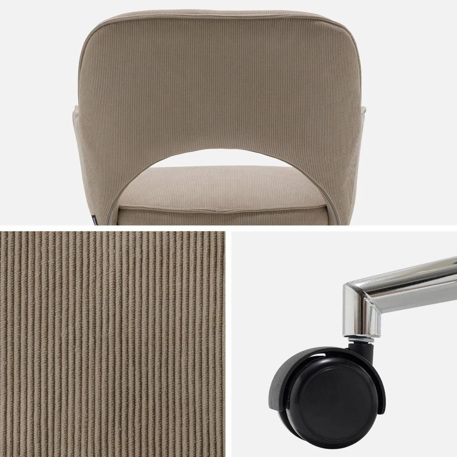 Silla de oficina de pana fina con ruedas y base cromada