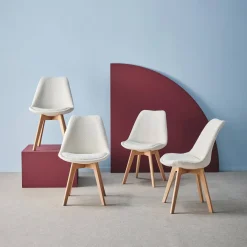 Silla escandinava de madera de haya y borreguito texturizada, set de 4
