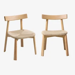 Silla escandinava de madera de hevea con asiento de cuerda, set de 2