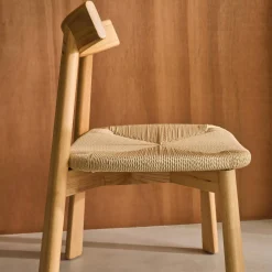 Silla escandinava de madera de hevea con asiento de cuerda, set de 2