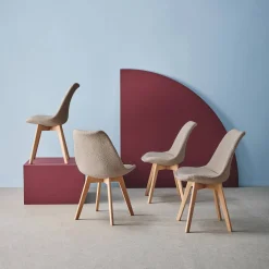 Silla escandinava de madera de haya y borreguito texturizada, set de 4