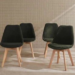 Silla escandinava de madera de haya y borreguito, set de 4