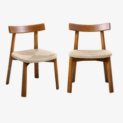 Silla escandinava de madera de hevea con asiento de cuerda, set de 2