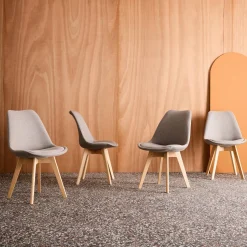 Silla escandinava de madera de haya y tela simple, set de 4