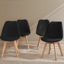 Silla escandinava de madera de haya y borreguito, set de 4