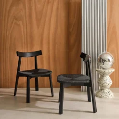 Silla escandinava de madera de hevea con asiento de cuerda, set de 2