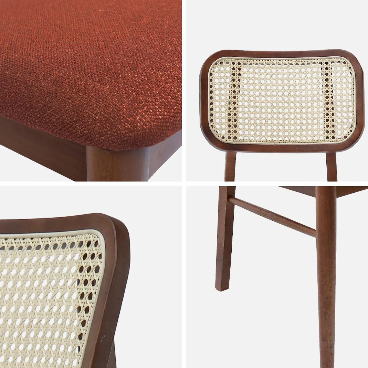 Silla vintage de madera de hevea y rejilla, set de 2