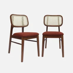 Silla vintage de madera de hevea y rejilla, set de 2