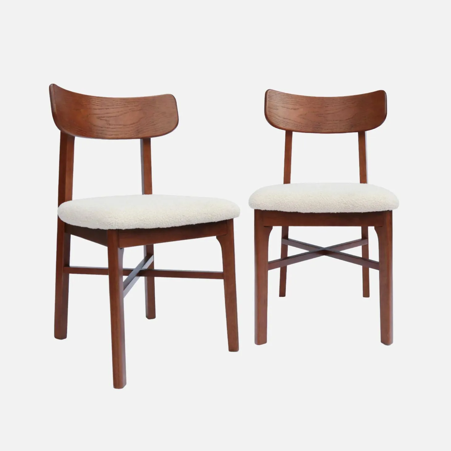 Silla vintage de madera de hevea y borreguito, set de 2