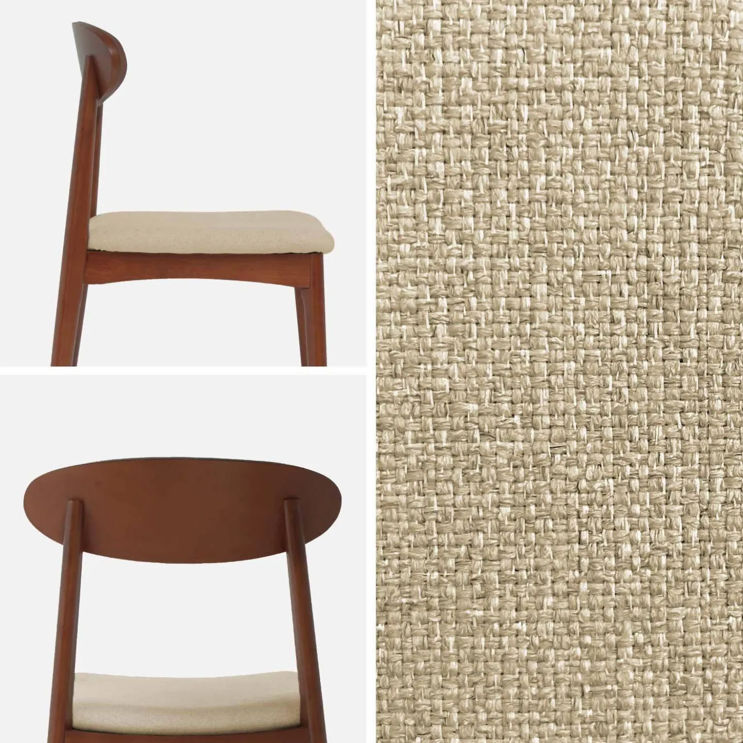 Silla vintage de madera de hevea nogal y tela, set de 2