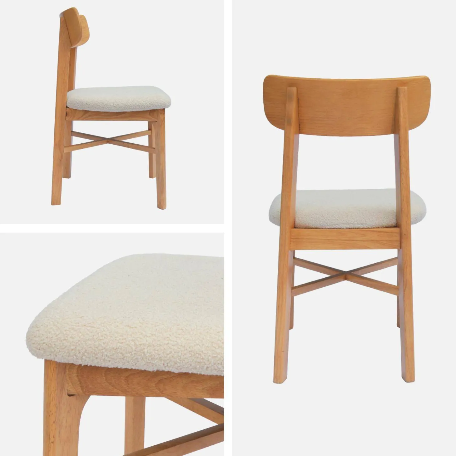Silla vintage de madera de hevea y borreguito, set de 2