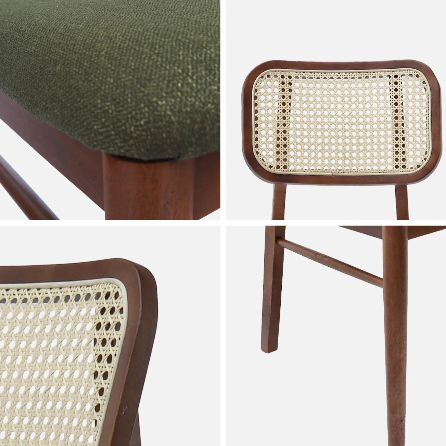Silla vintage de madera de hevea y rejilla, set de 2