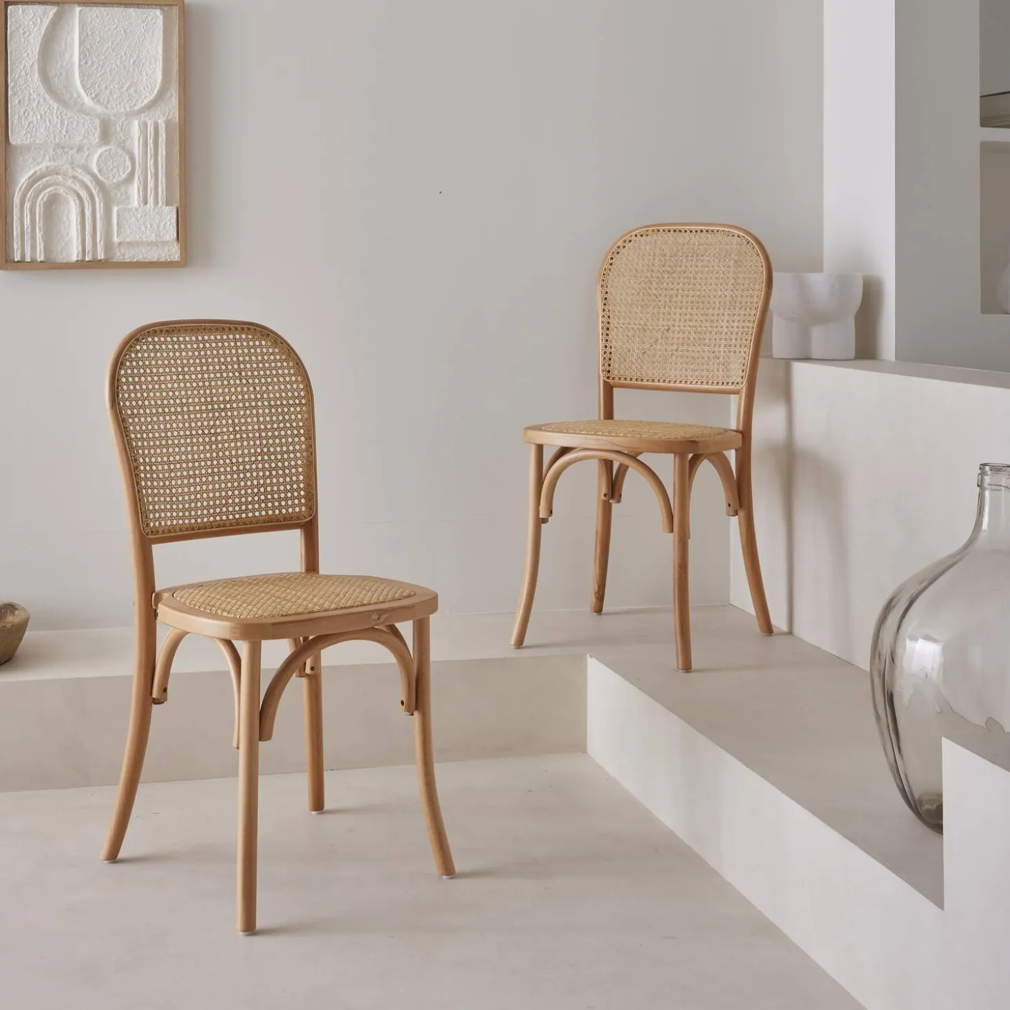 Silla vintage de madera y ratán, set de 2