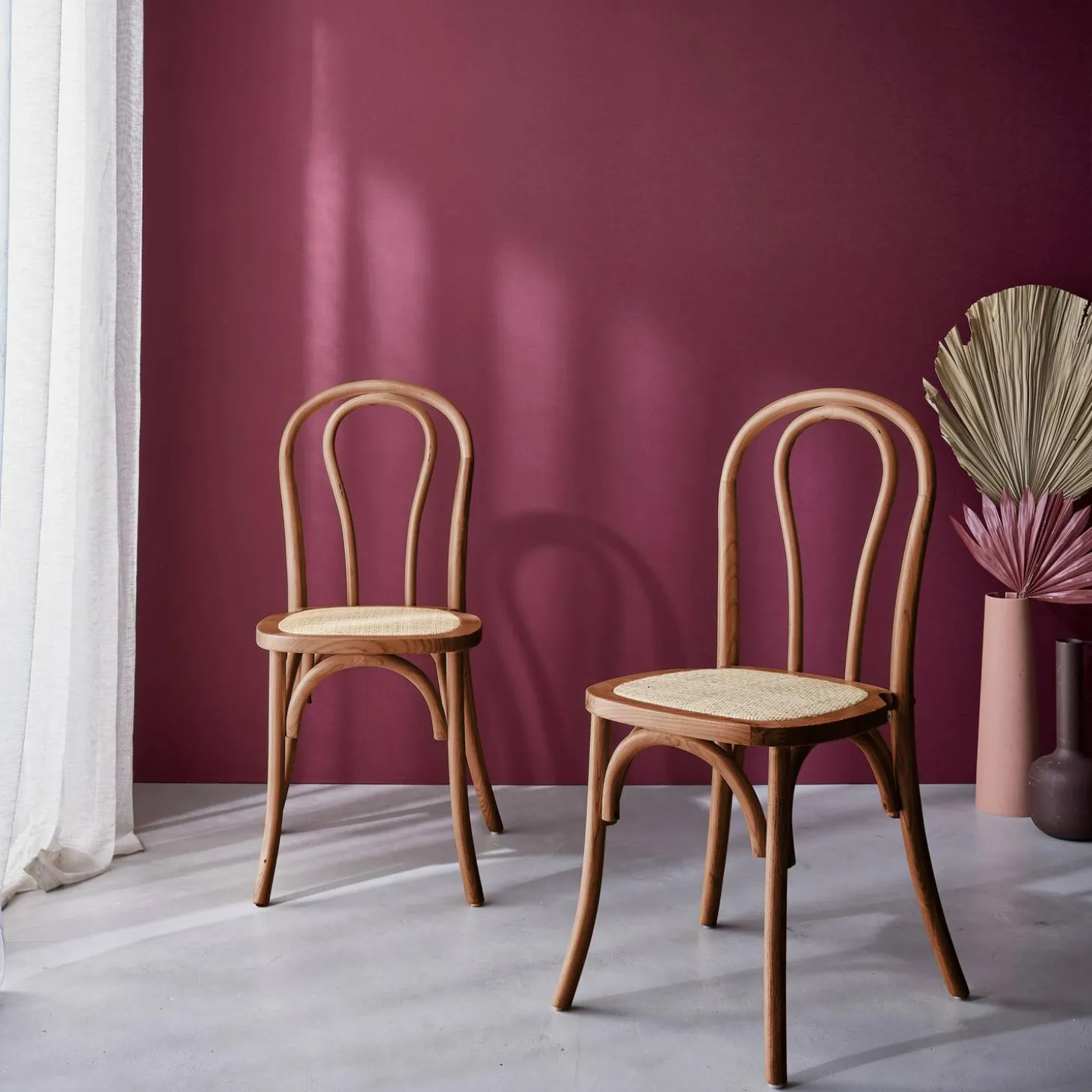 Silla vintage de madera y ratán, set de 2