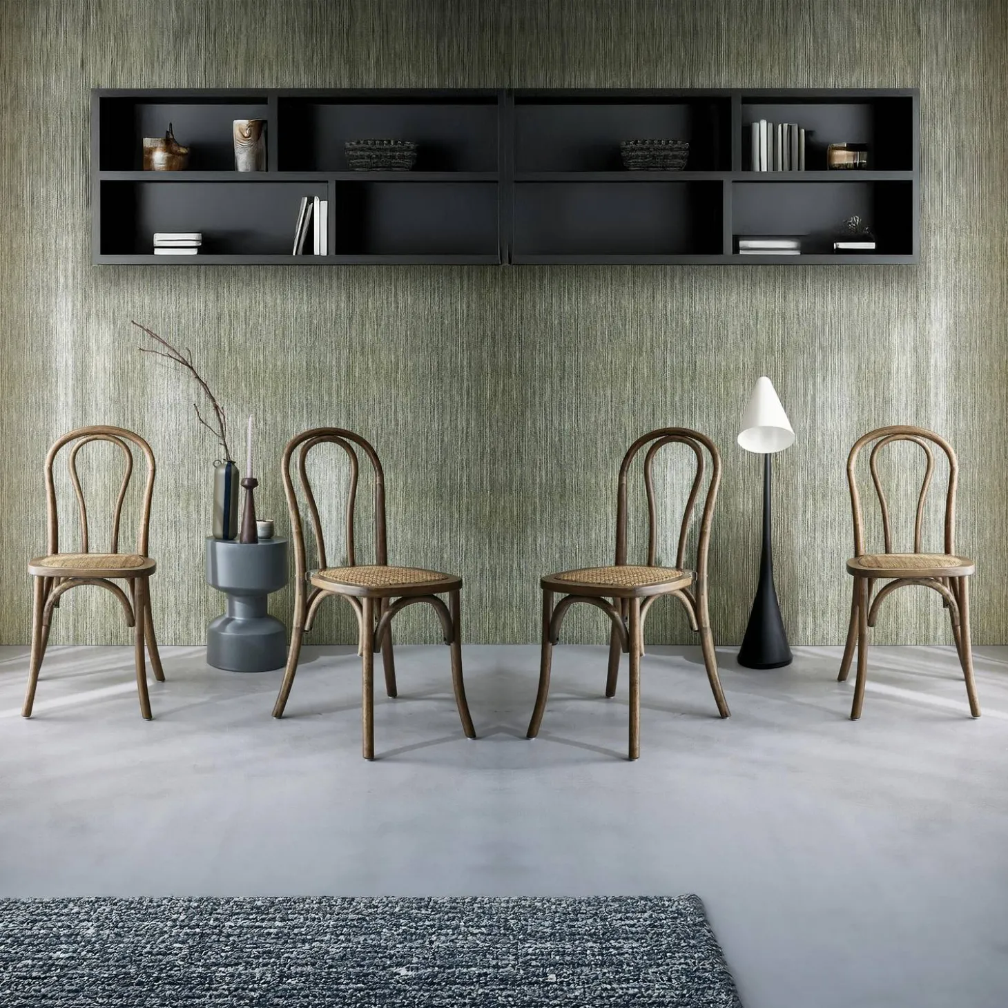 Silla vintage de madera y ratán, set de 4