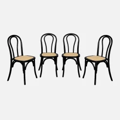 Silla vintage de madera y ratán, set de 4