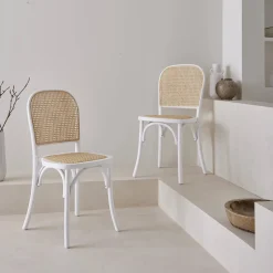 Silla vintage de madera y ratán, set de 2