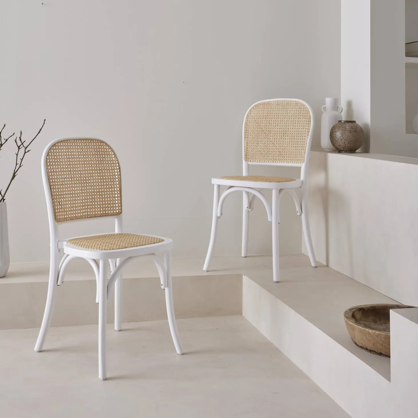 Silla vintage de madera y ratán, set de 2