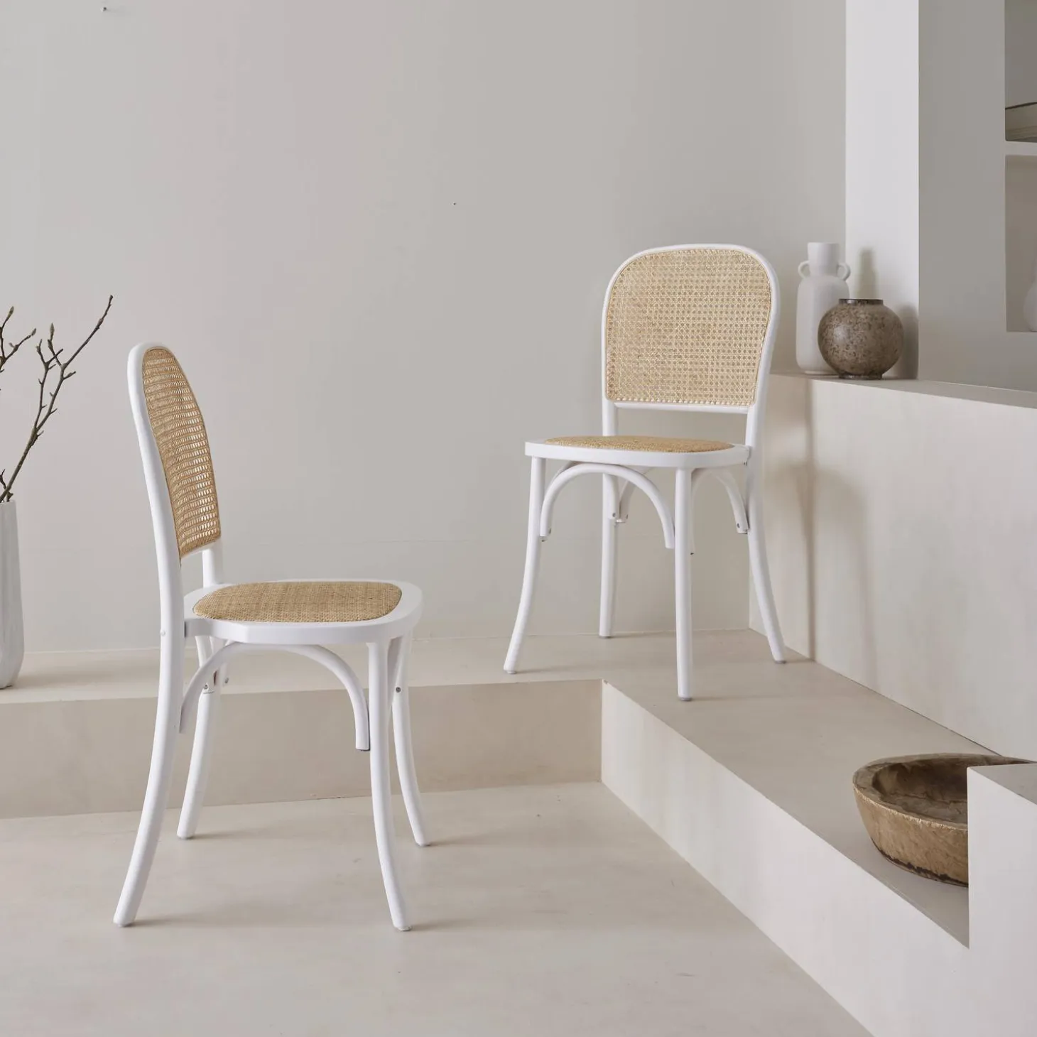 Silla vintage de madera y ratán, set de 2