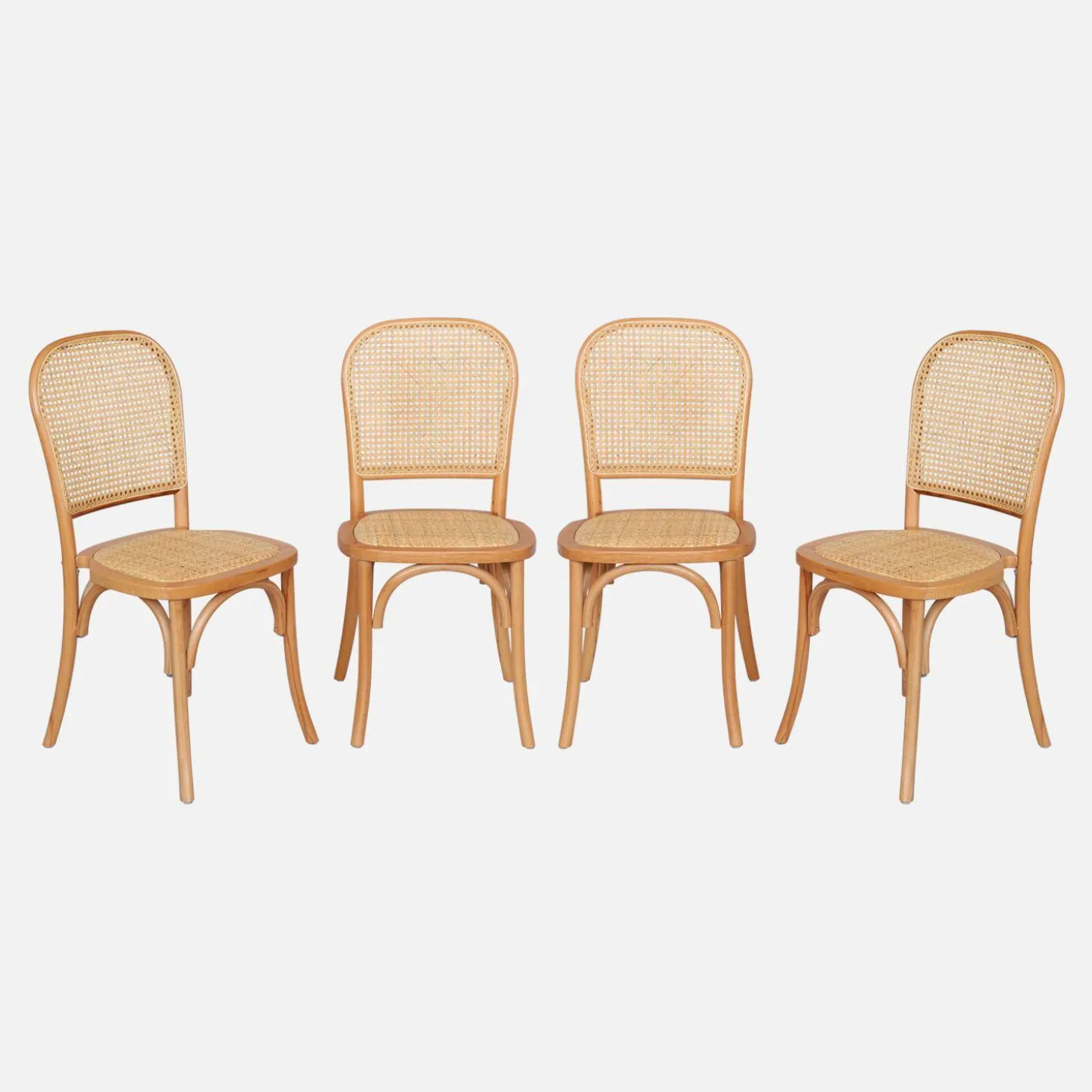 Sillas de madera y ratán vintage, set de 4