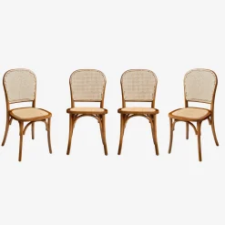 Sillas de madera y ratán vintage, set de 4