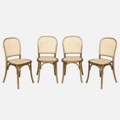 Sillas de madera y ratán vintage, set de 4