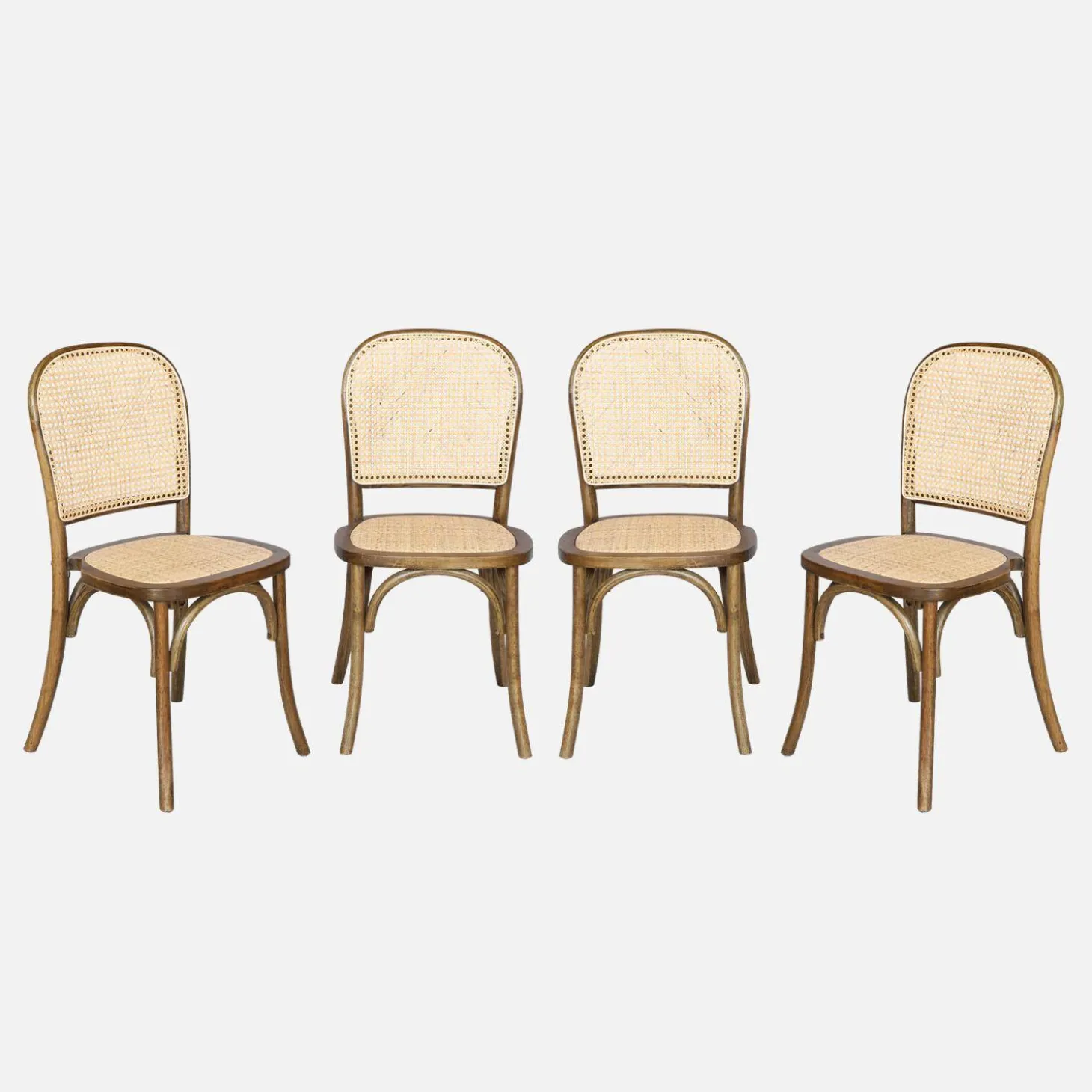 Sillas de madera y ratán vintage, set de 4