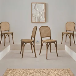 Sillas de madera y ratán vintage, set de 4