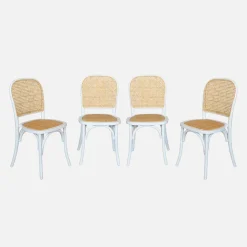 Sillas de madera y ratán vintage, set de 4