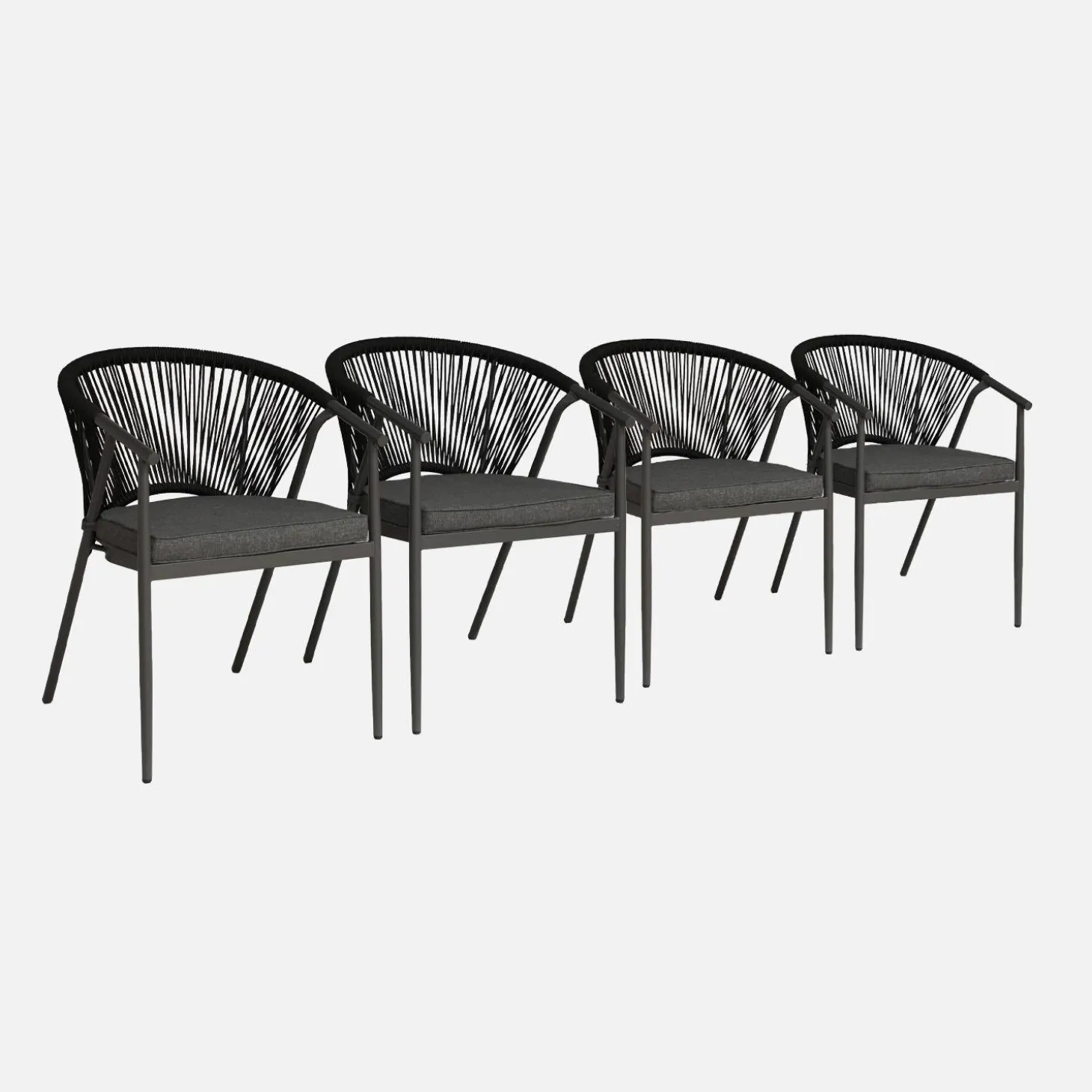 Sillón de jardín apilable de acero y cuerdas, set de 4