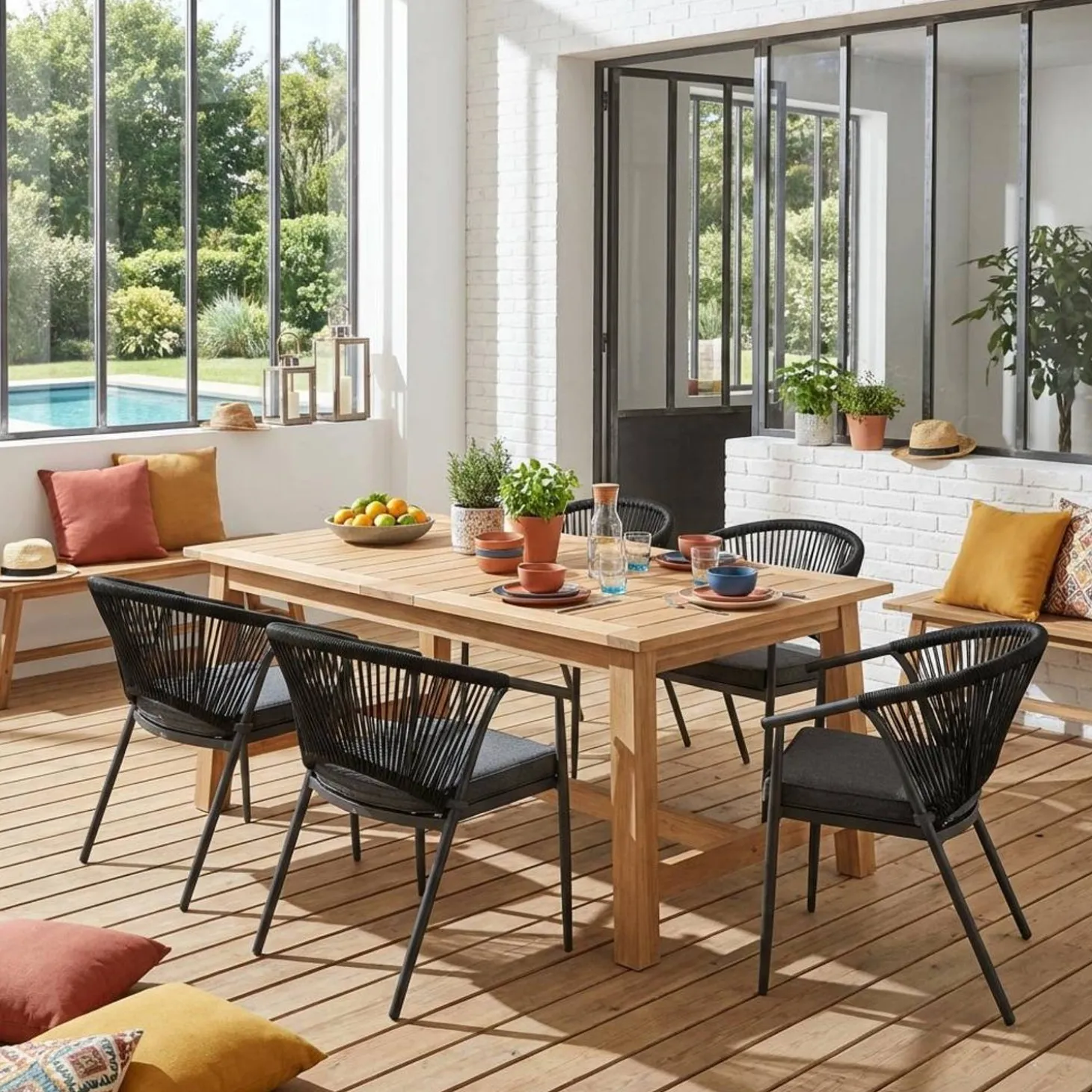 Sillón de jardín apilable de acero y cuerdas, set de 4