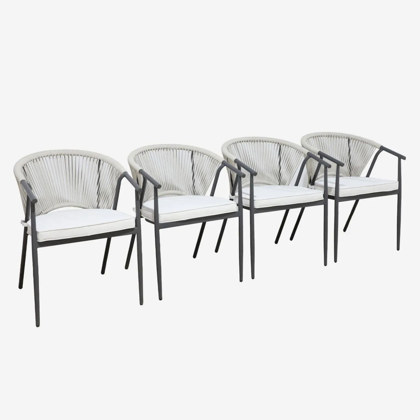 Sillón de jardín apilable de acero y cuerdas, set de 4