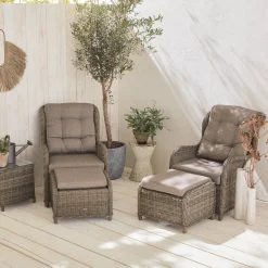 Sillón de jardín con reposapiés de resina trenzada, set de 2