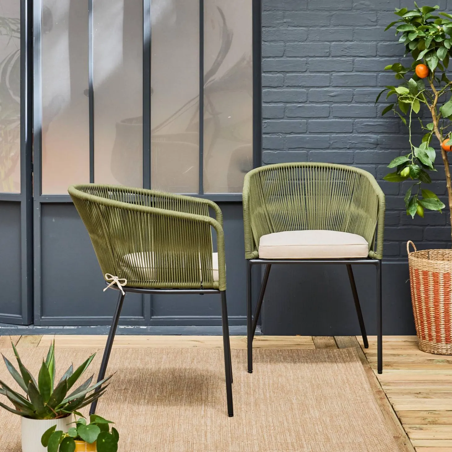 Sillón de jardín de cuerda y acero galvanizado, set de 2