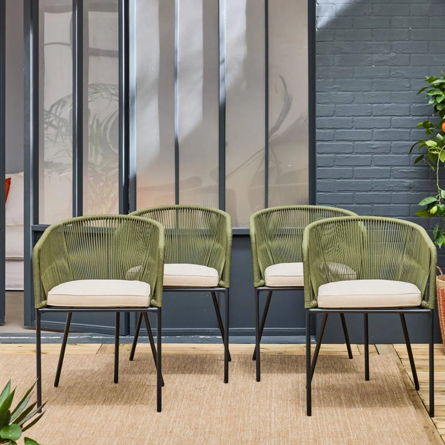 Sillón de jardín de cuerda y acero galvanizado, set de 4