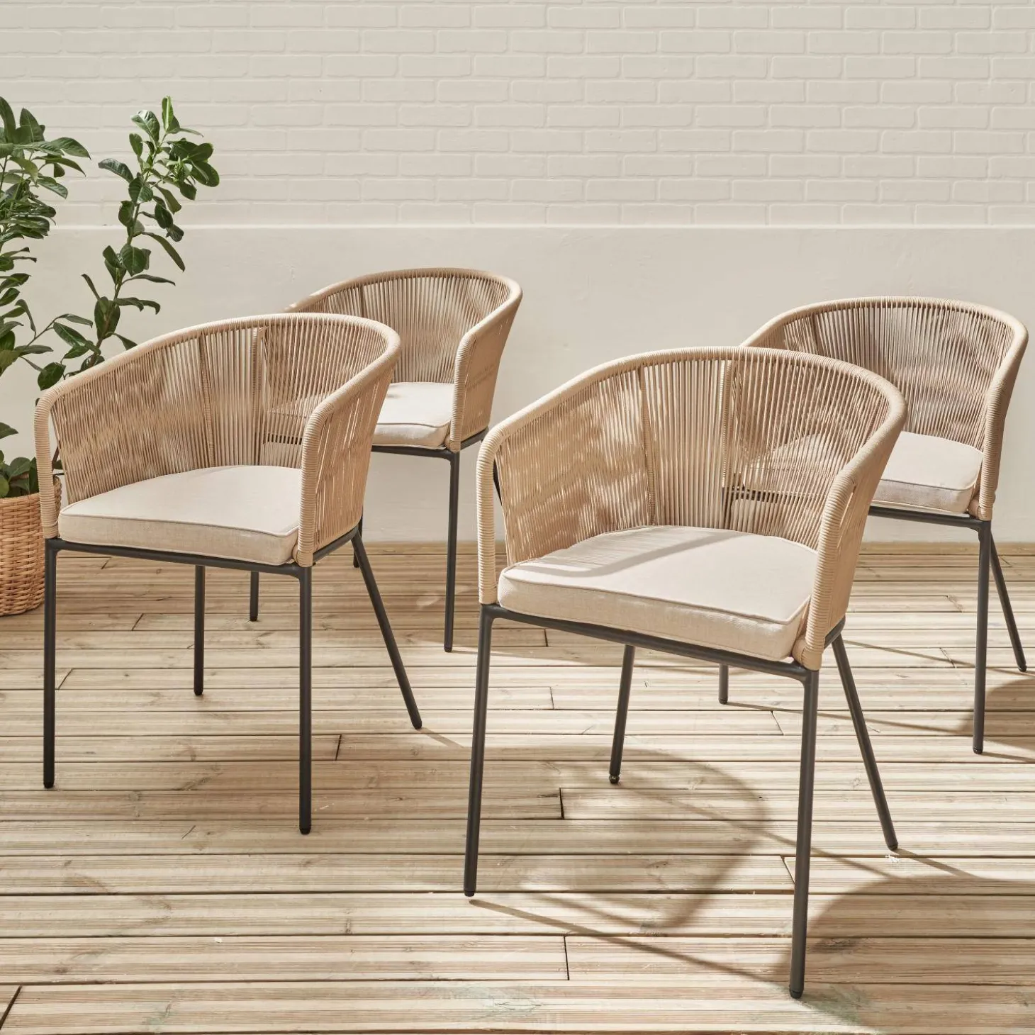 Sillón de jardín de cuerda y acero galvanizado, set de 4