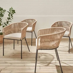 Sillón de jardín de cuerda y acero galvanizado, set de 4