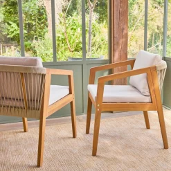 Sillón de jardín de madera de acacia con cuerdas, set de 2