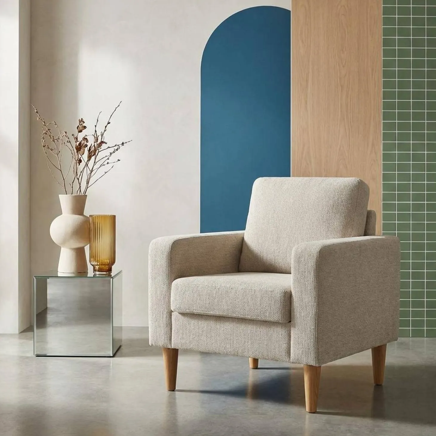 Sillón de madera de hevea y tela de chenilla