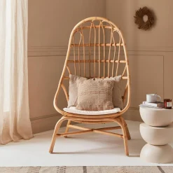 Sillón de ratán en forma de huevo con cojín
