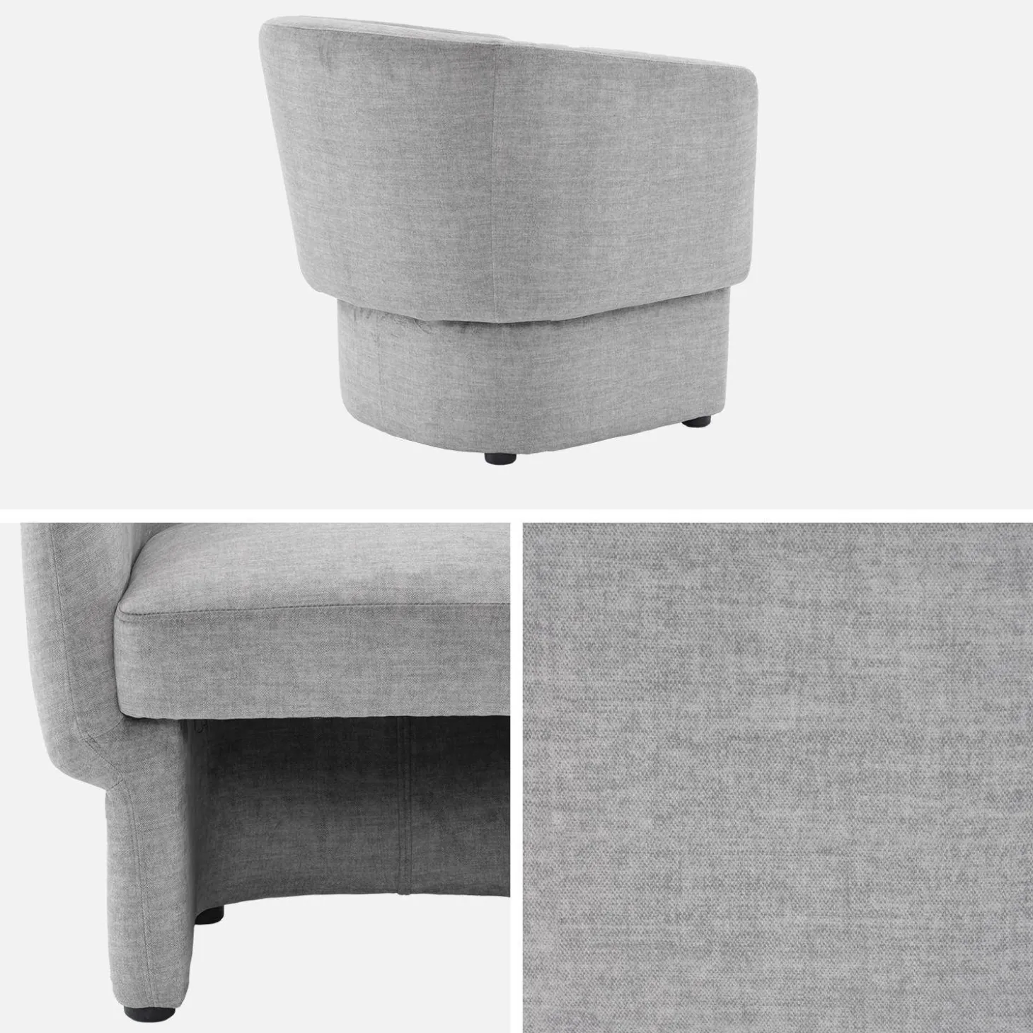 Sillón de tela con respaldo y base redondeada