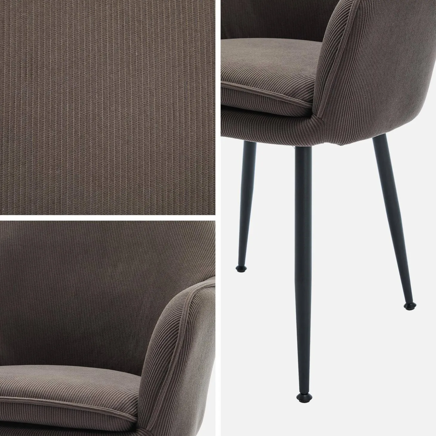 Sillón de terciopelo de canalé y patas de metal negro, set de 4