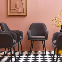Sillón de terciopelo de canalé y patas de metal negro, set de 4