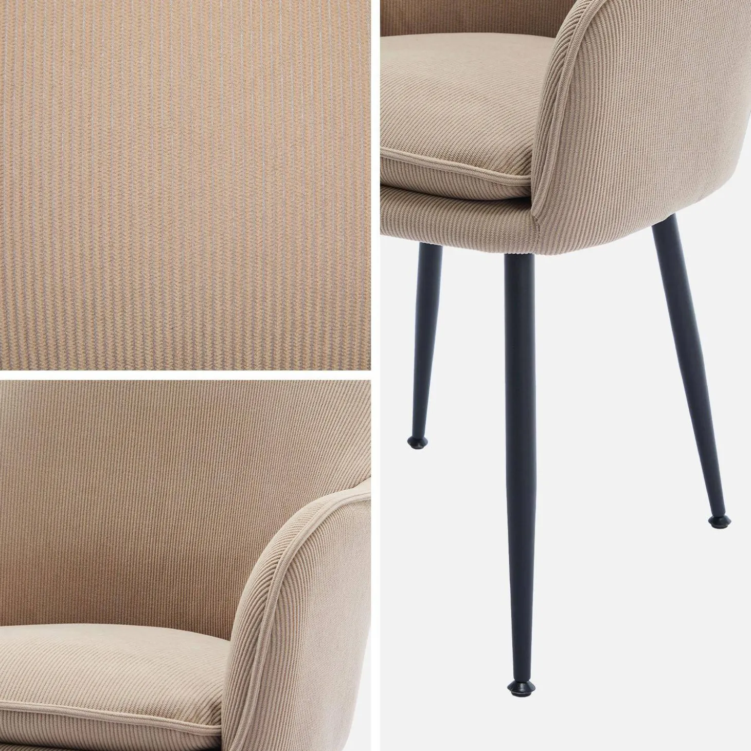 Sillón de terciopelo de canalé y patas de metal negro, set de 4