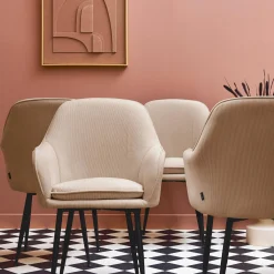 Sillón de terciopelo de canalé y patas de metal negro, set de 4